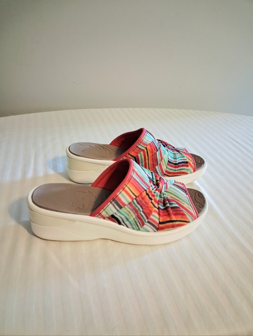 Multi-Stripe Slip-On Wedge Sandals - Coral Accents